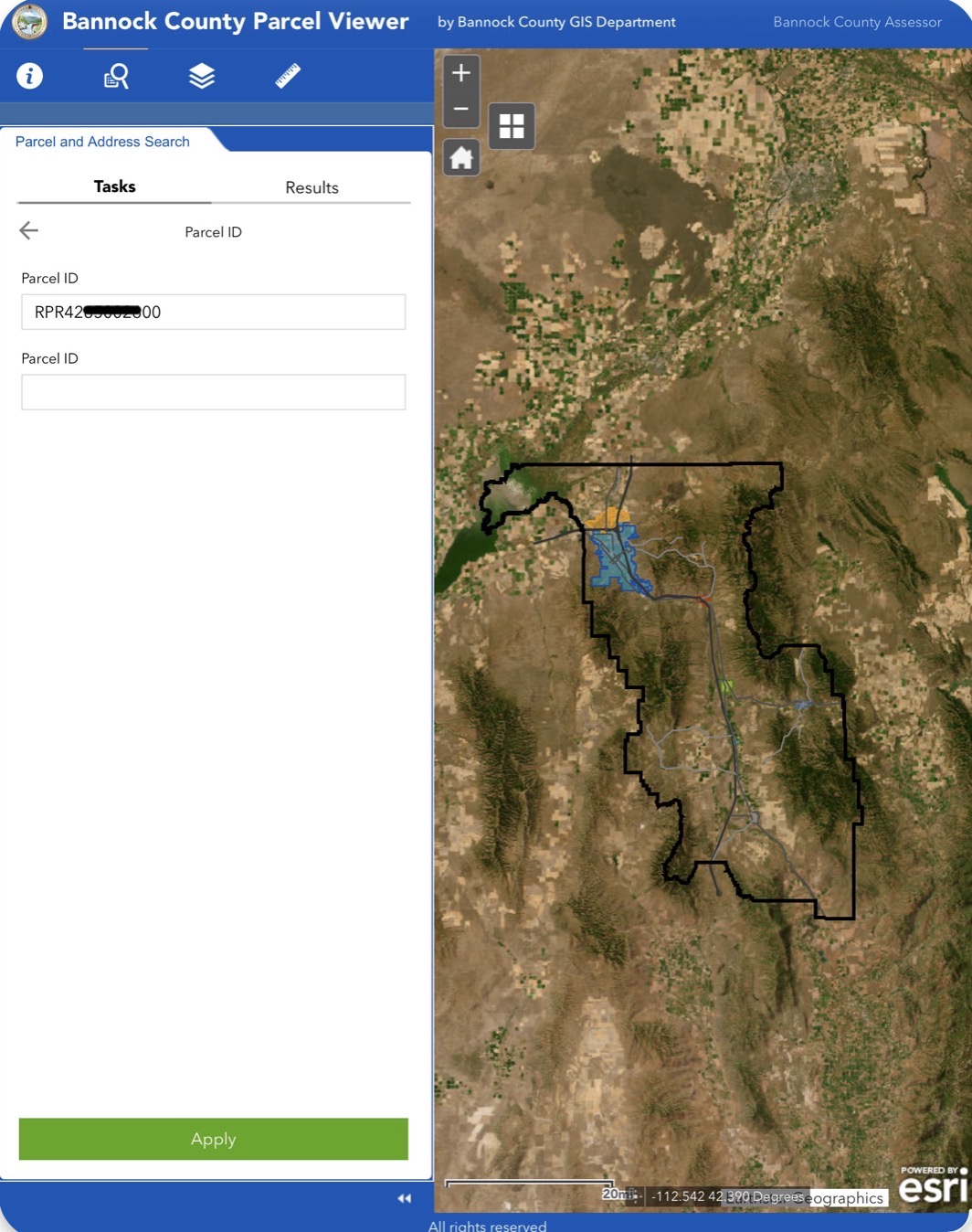 County parcel viewer with the Parcel ID field and Apply button