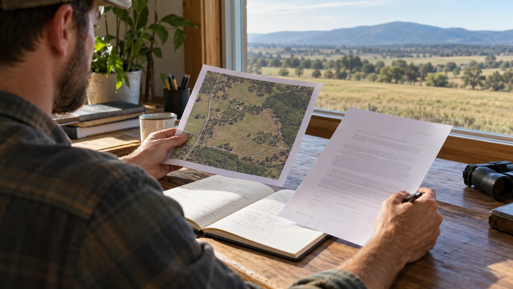 Land buyer reviewing a parcel map and property documents at a desk.