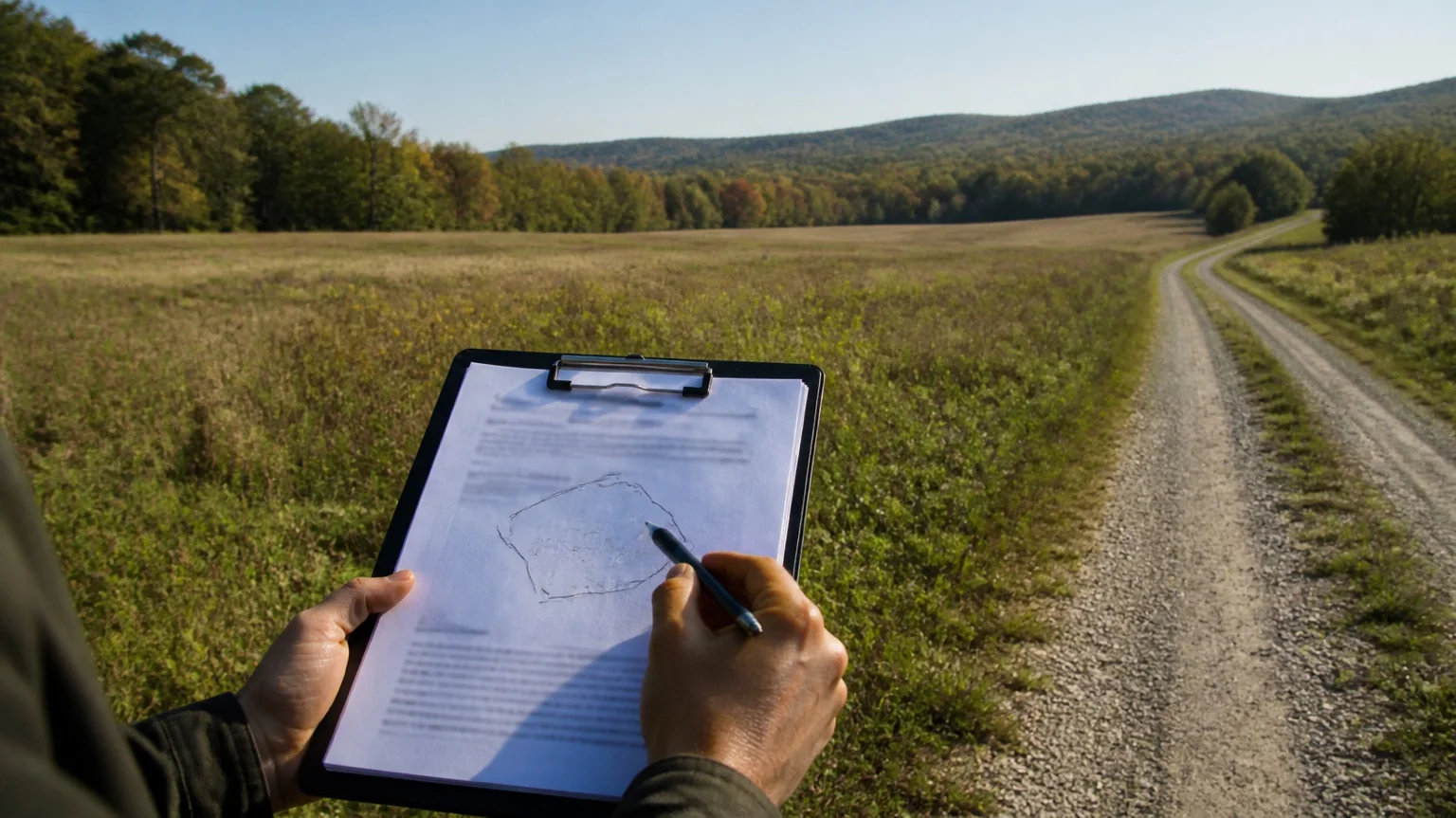 Buyer reviewing land documents beside a vacant rural parcel.